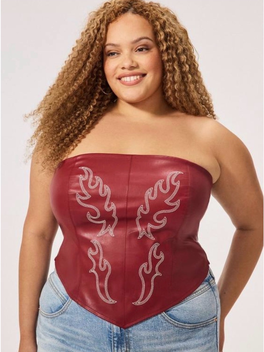 Torrid Faux Leather Corset with Embroidered Flame Detail